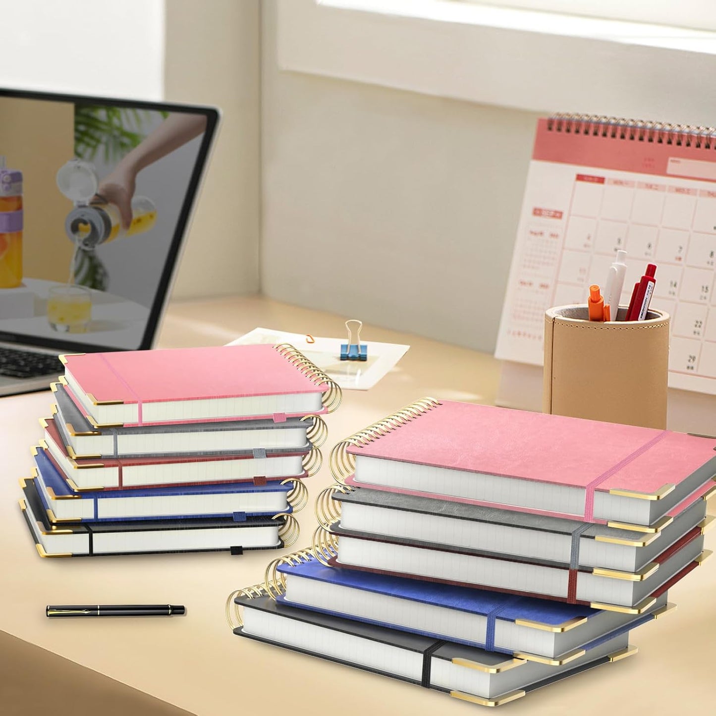 A5 Top Spiral Notebook, Large Leather Hardcover Top Bound Steno Pads, 240 Pages 100 gsm Thick Lined Paper Left Handed Notebook Journal for Work, School, Meeting Writing - Brown, 5.9" x 8.5"
