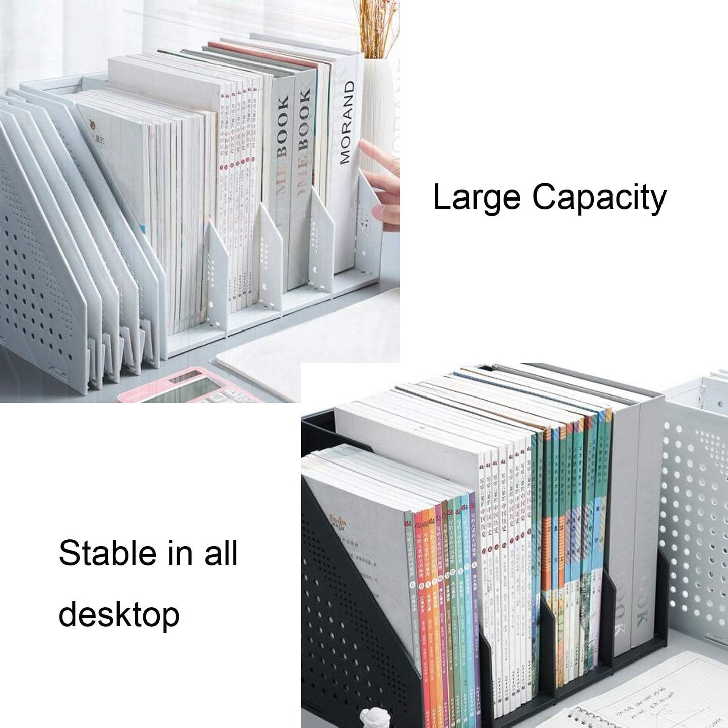 Lemical Magazine Holder 4 Vertical Compartments Collapsible Magazine File Holder Space Saving Rack Home Kitchen Desk Organizer No Need Assemble (Black)