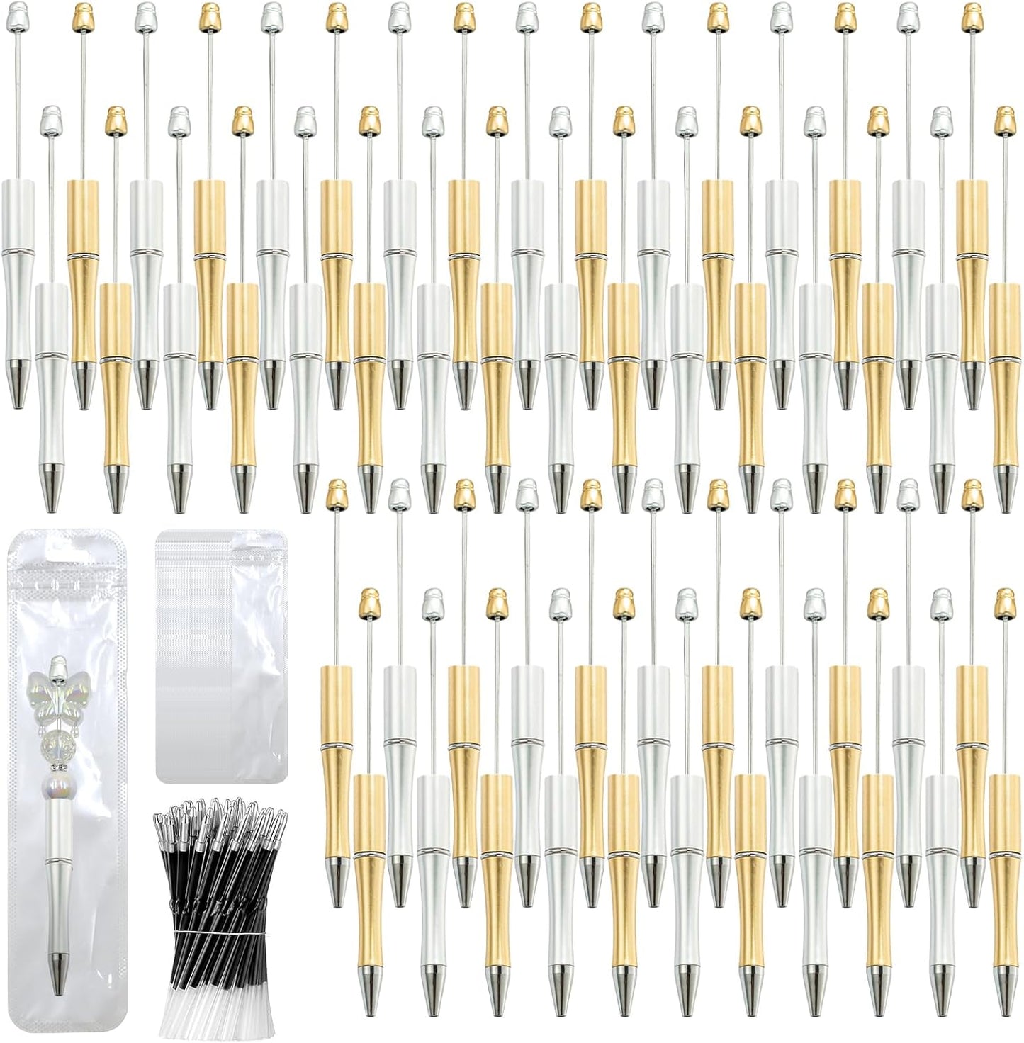 150 Pieces DIY Beadable Pen Kit – 50 Plastic Ballpoint Pens with Refills & Bags, Beads Not Included – School Supplies, Office Accessories & Craft Gifts for Students & Teachers (Multicolor)