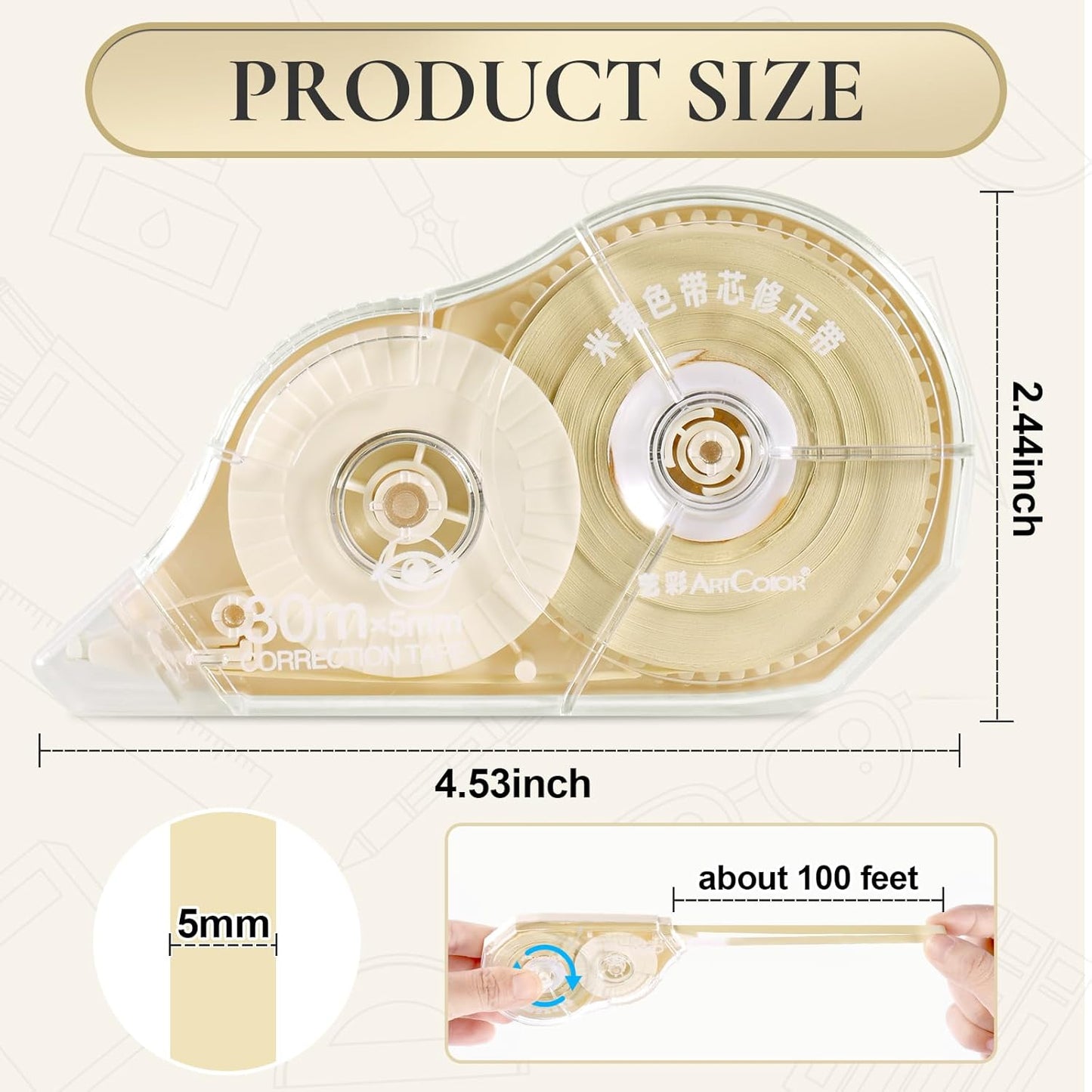 100 Feet Long Cream Correction Tape, Smooth Glide, No Residue, Quick Dry Beige Correction Tape, Perfect for School, Office Supplies, Crafting, Note Taking, Journaling (2 Pack)