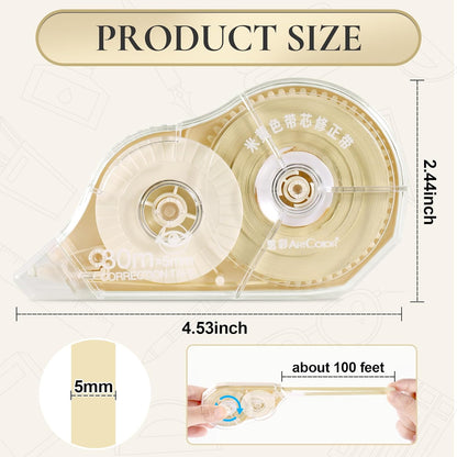 100 Feet Long Cream Correction Tape, Smooth Glide, No Residue, Quick Dry Beige Correction Tape, Perfect for School, Office Supplies, Crafting, Note Taking, Journaling (2 Pack)