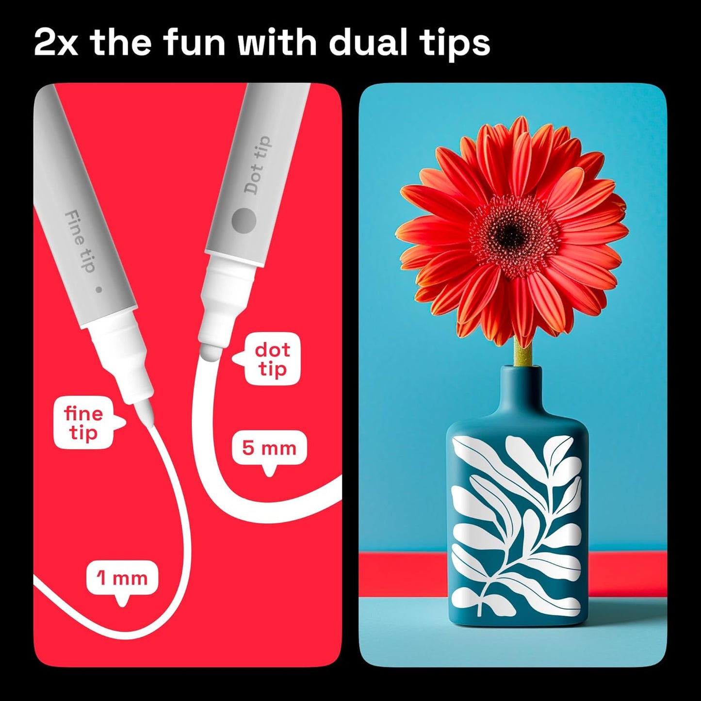 ARTISTRO 2 Red Dual-Tip Acrylic Paint Pens - Multisurface Markers for Glass, Rock, Fabric, Wood, Plastic & More - 1 mm Fine & Brush Tips