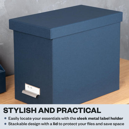 Bigso John Fiberboard Label Frame Desktop File Storage Box - Document Organizer for Important Paperwork - Durable Hanging File Box with a Lid & Metal Label Window - 7.36 x 13.38 x 10.51 in - White