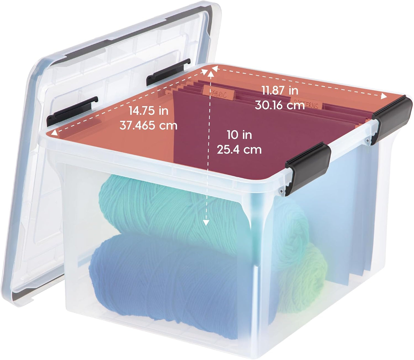 IRIS USA File Box, File Organizer w/Hinged Split Lid for Letter File, Important Document Box, Plastic Storage Filing Bin for Moving, Stackable Nestable Portable, Pearl 44 Qt. 4 Pack