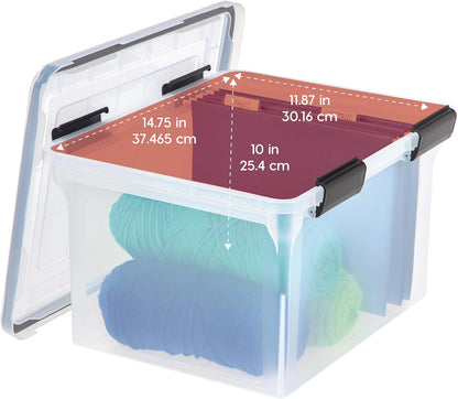 IRIS USA File Box, File Organizer w/Hinged Split Lid for Letter File, Important Document Box, Plastic Storage Filing Bin for Moving, Stackable Nestable Portable, Pearl 44 Qt. 4 Pack