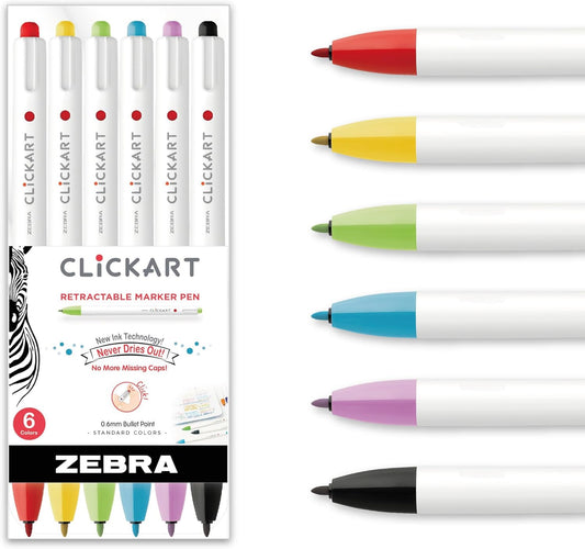 Zebra Pen CLiCKART Retractable Felt Tip Pen, Assorted Ink Nightscape Colors, 0.6mm Fine Point, Moisture Absorbing to Prevent Drying Out, No Bleed, Ideal for Journaling and Drawing, 6-Pack (69116)