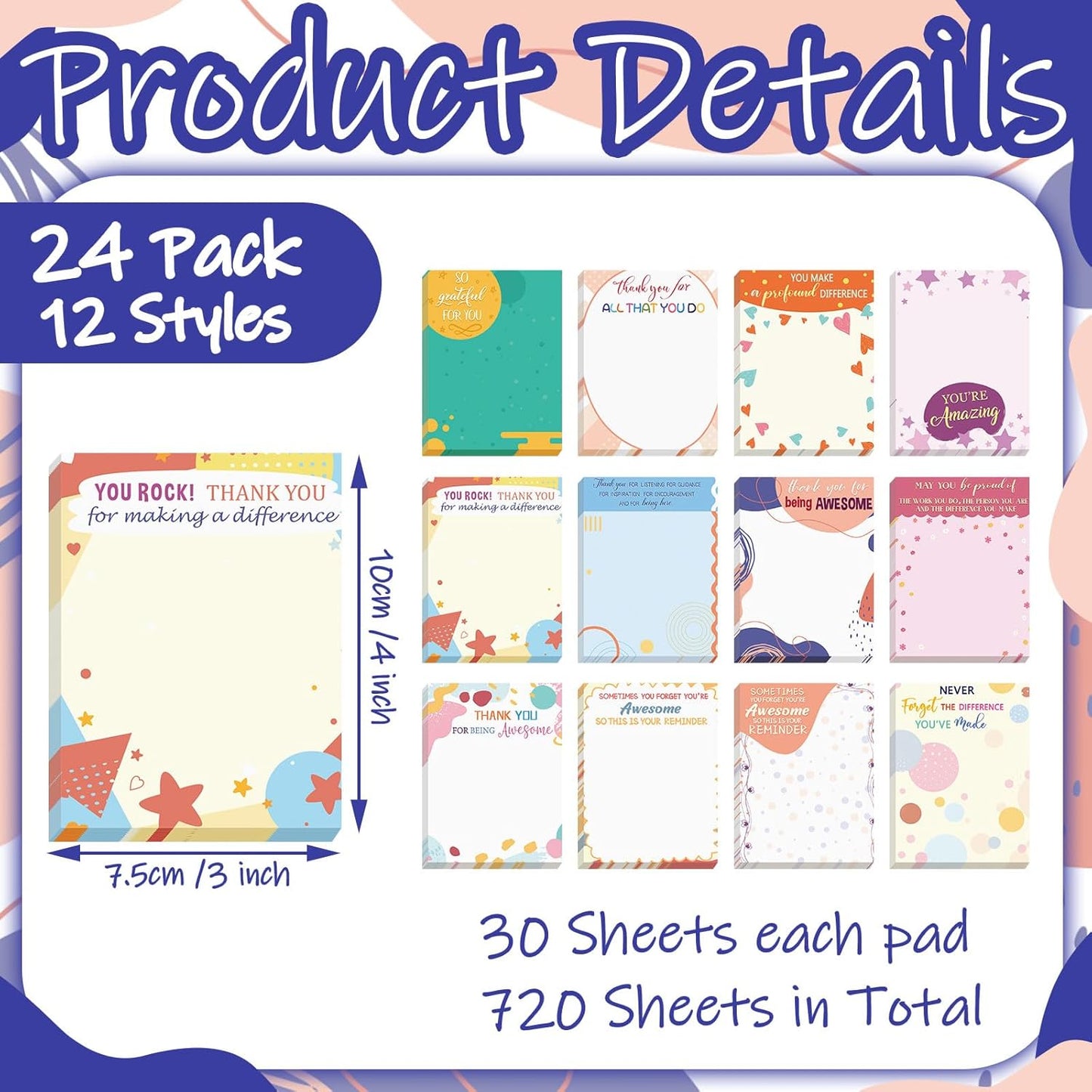 Yinder 24 Pack Inspirational Sticky Notes Motivational Notepads Appreciation Sticky Notes Funny Memo Pads Positive Note Bulk 3 x 4 Gift for Women Nurse Teacher Office Supplies(Black,Inspirational)