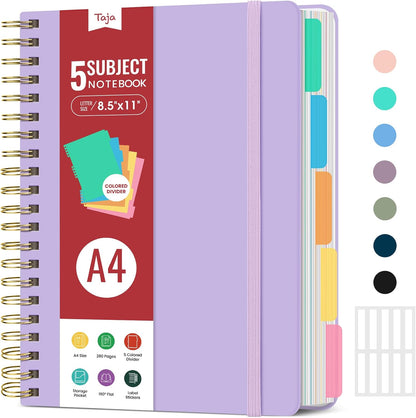 Hardcover Spiral Journal Notebooks for Work With Removable Dividers & Tabs, 8.5"x11" 5 Subject Notebook for Note Taking & Organizer, A4 College Ruled Lined Journal for Women & Writing, Aquamarine, 280 Pages