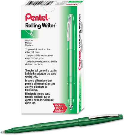 Pentel Rolling Writer Pen, 0.8 Millimeter Cushion Ball Tip, Black Ink, Box of 12 (R100-A)