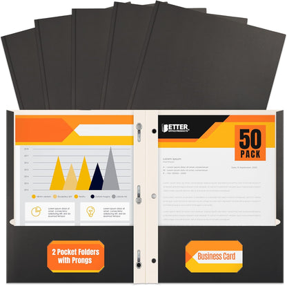 Better Office Products Blue Paper 2 Pocket Folders with Prongs, 50 Pack, Matte Texture, Letter Size Paper Folders, 50 Pack, with 3 Metal Prong Fastener Clips, Blue