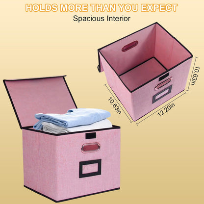 File Storage Box with Lid, 15.55x12.87x10.43 Inches, Foldable Organizer with Handles & Label Slot, for File Storage, Home, Office, and Closet Organization(Pink)