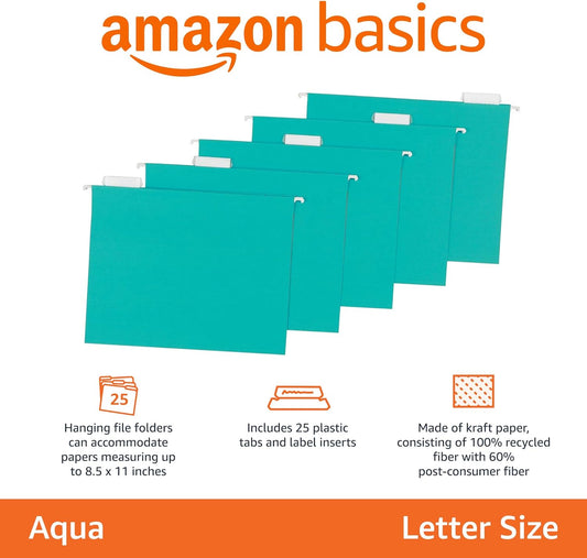 Amazon Basics Hanging File Folders with Adjustable Tabs, Sturdy Expandable Document Organizer, Letter Size, Assorted Colors, 25-Pack