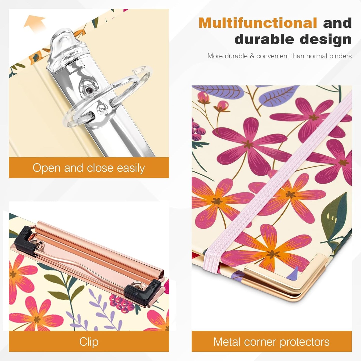 Ospelelf Binder 3 Ring 1 Inch, Floral Round Ring Clipboard Binder for Letter Size with 5 Tab Dividers, File Folder Labels, for School and Office Supplies