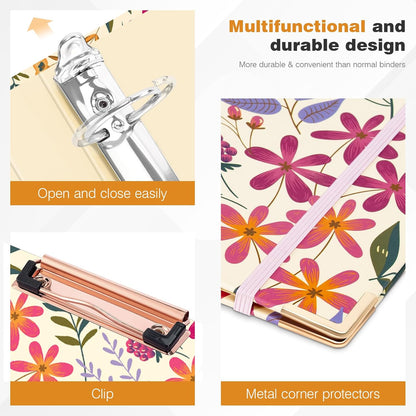 Ospelelf Binder 3 Ring 1 Inch, Floral Round Ring Clipboard Binder for Letter Size with 5 Tab Dividers, File Folder Labels, for School and Office Supplies