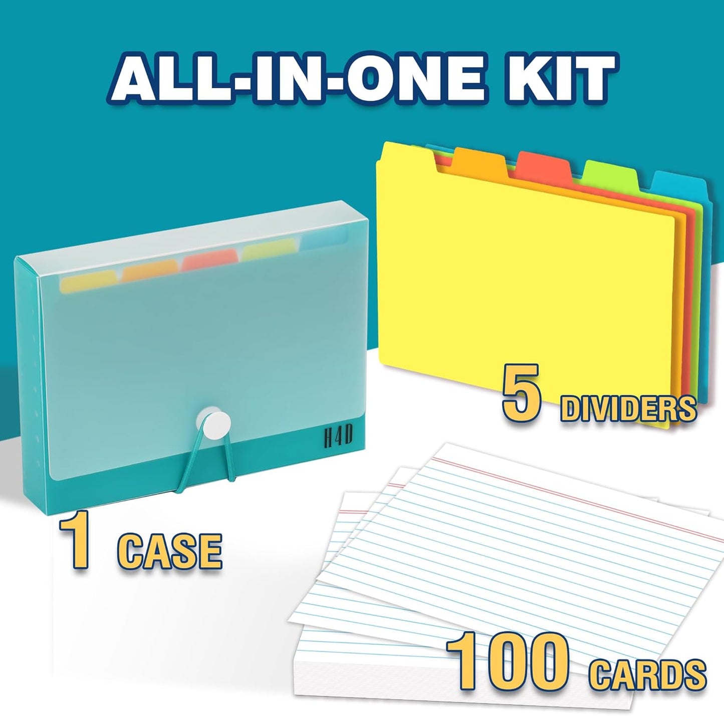 H4D 3x5 Index Card Case with 100 Heavyweight Ruled Index Cards and Dividers, Black