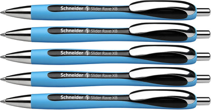 Schneider Slider Rave XB (Extra Broad) Ballpoint Pens, Refillable + Retractable, 1.4 mm, Light Blue Barrel, Blue Ink, Box of 5 Pens (132503)