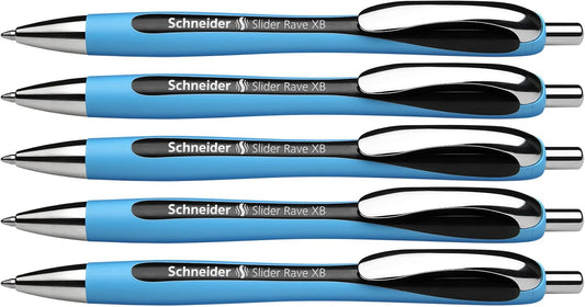 Schneider Slider Rave XB (Extra Broad) Ballpoint Pens, Refillable + Retractable, 1.4 mm, Light Blue Barrel, Blue Ink, Box of 5 Pens (132503)