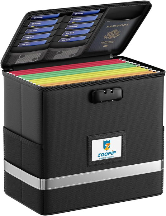 Fireproof File Box with Lock, Document Box Storage Organizer, Suitable for Hanging File Folders in Letter Size, Collapsible File Box, Reflective Strip for Fast Find (12.2"*6"*10.2, Black)