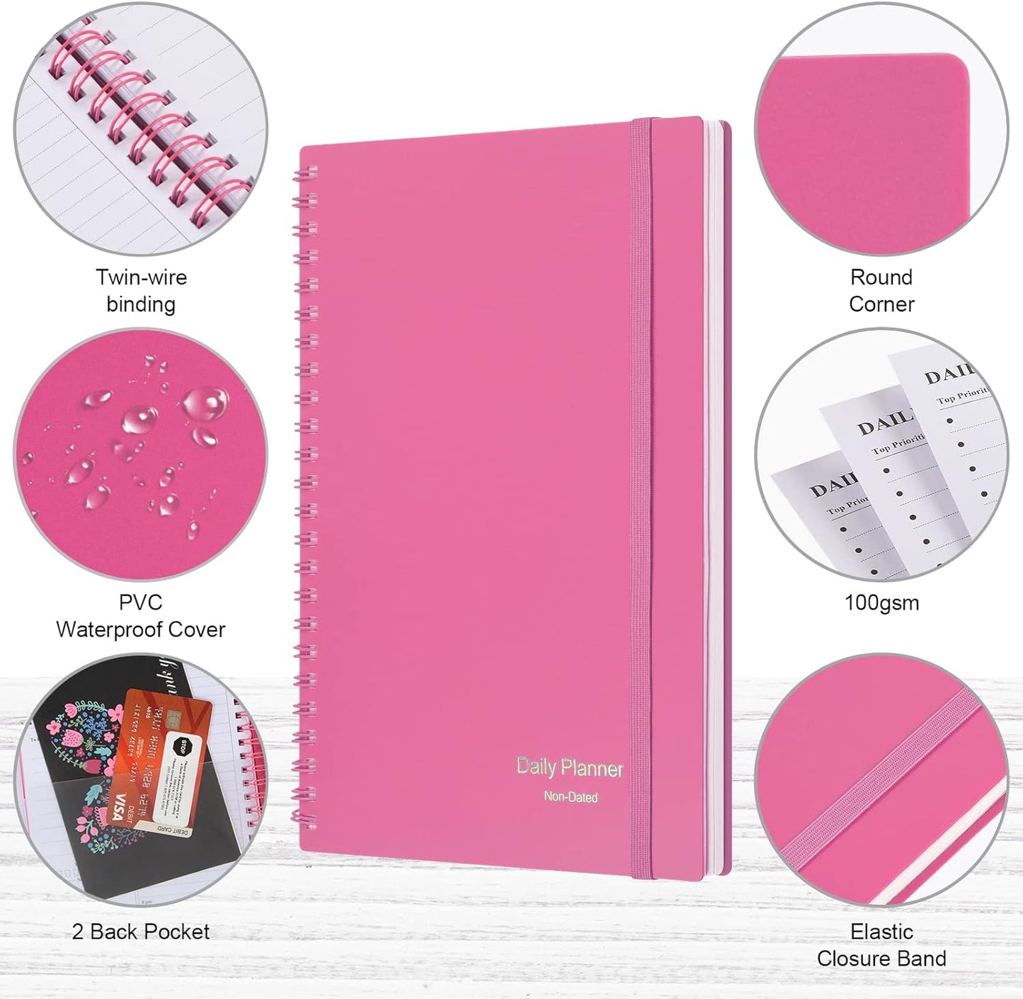 Daily Planner Undated, Asten To Do List Notebook Hourly Schedules Spiral Appointment Planner for Men and Women,PVC Hardcover,Elastic Closure, Inner Pocket 8.3" x 5.8" (Black)