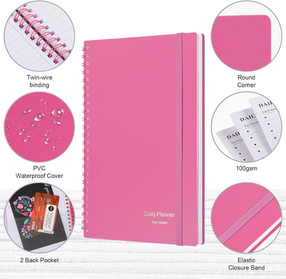 Daily Planner Undated, Asten To Do List Notebook Hourly Schedules Spiral Appointment Planner for Men and Women,PVC Hardcover,Elastic Closure, Inner Pocket 8.3" x 5.8" (Black)