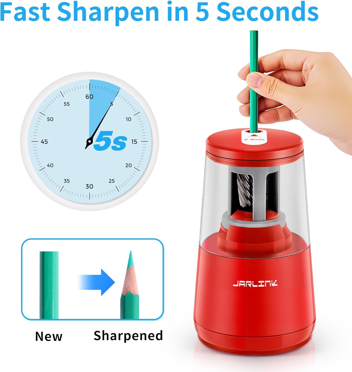 JARLINK Electric Pencil Sharpener, Heavy-Duty Helical Blade to Fast Sharpen, Auto Stop for No.2/Colored Pencils(6-8mm), AC Adapter/Battery Operated in School Classroom/Office/Home (Black)