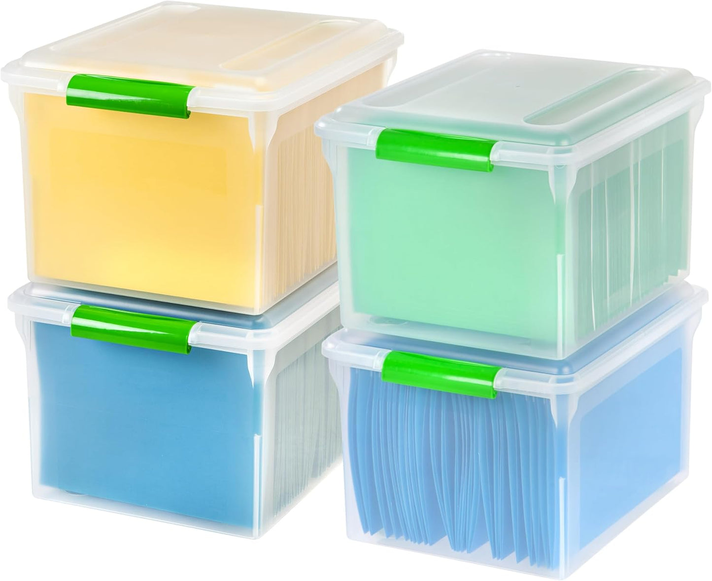 IRIS USA File Box, File Organizer w/Hinged Split Lid for Letter File, Important Document Box, Plastic Storage Filing Bin for Moving, Stackable Nestable Portable, Pearl 44 Qt. 4 Pack