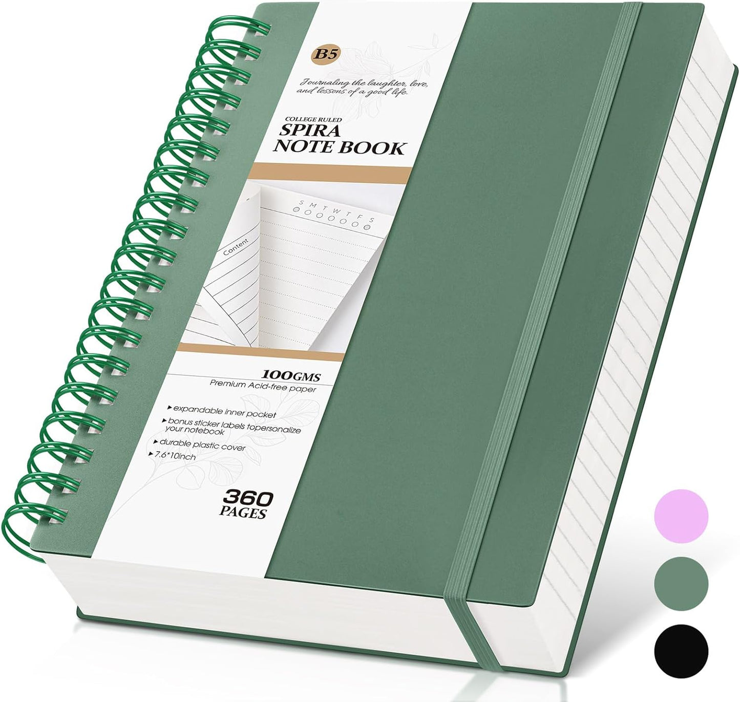 MUAHLIUB Spiral Notebook Journal College Ruled, 360 Pages Lined Thick Journals for Women Men, B5 Big Notebooks with 100GSM Paper, Spiral Bound Journaling for Writing Work School Black 7.6"×10"