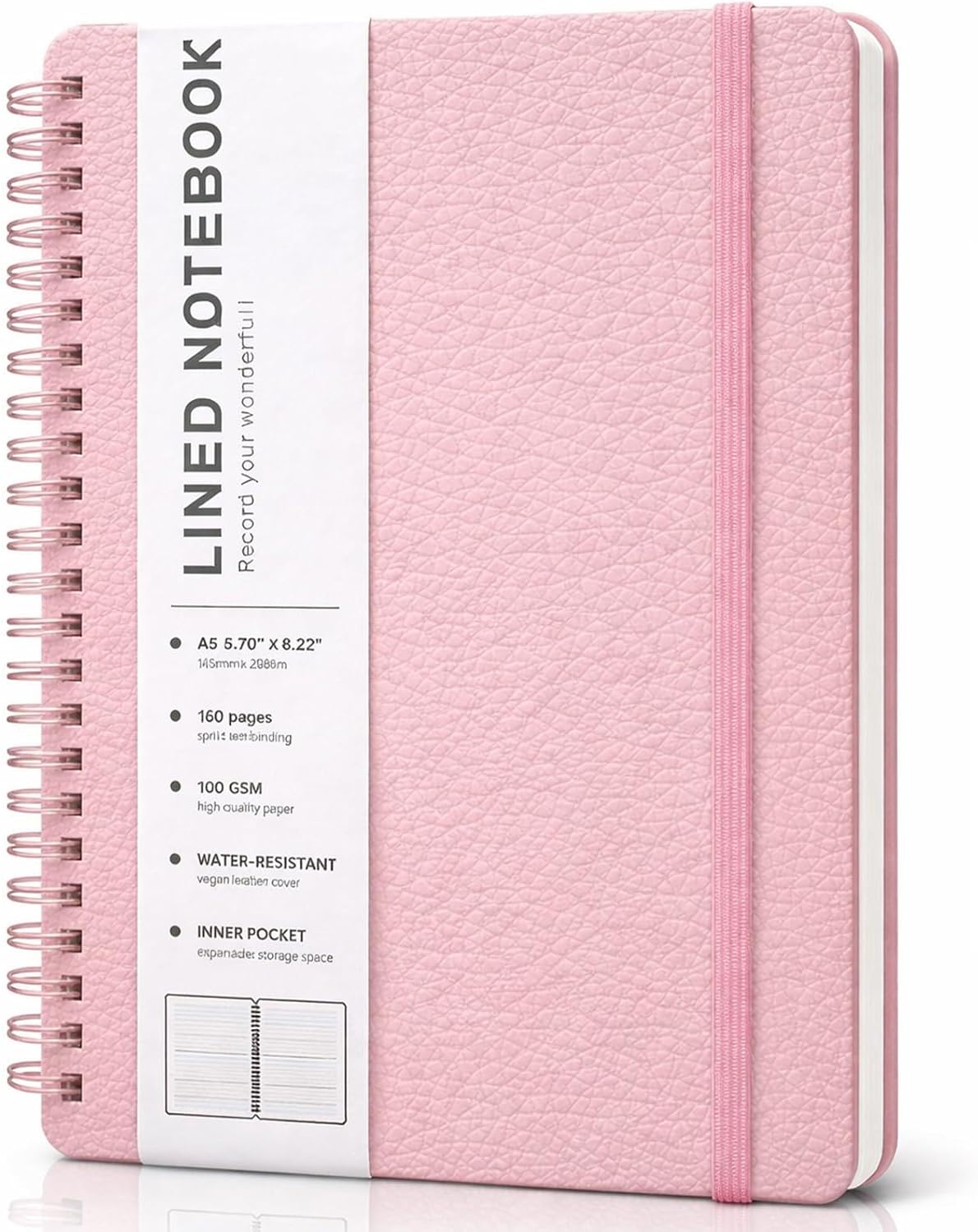 Lined Spiral Journal Notebook, A5 Hardcover Leather Notebook for Work, 5.7''×8.2'', 100GSM Thick Paper Spiral Bound Journaling Notebooks for Women & Men Office School Note Taking Business, Black