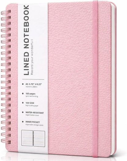 Lined Spiral Journal Notebook, A5 Hardcover Leather Notebook for Work, 5.7''×8.2'', 100GSM Thick Paper Spiral Bound Journaling Notebooks for Women & Men Office School Note Taking Business, Black