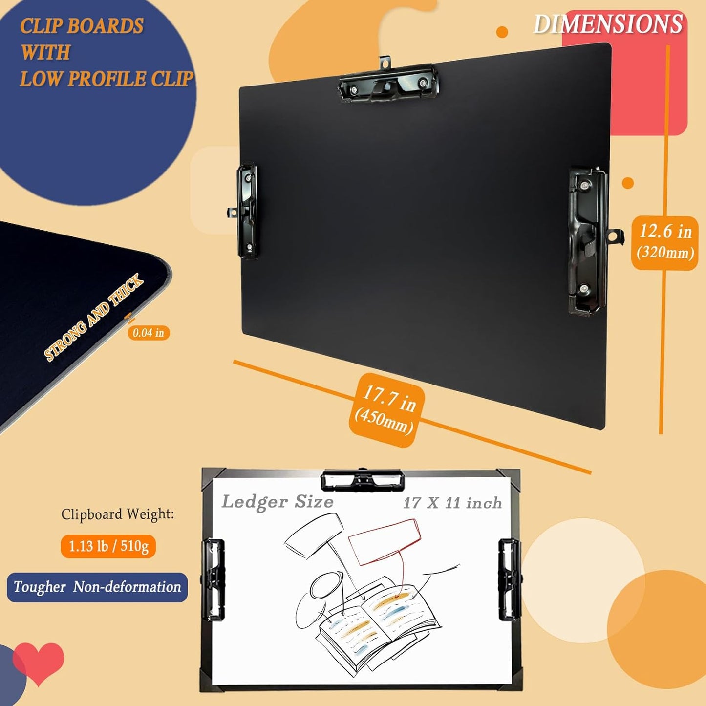 Three Clip Aluminum 11x17 Clipboard Metal Stainless Hangable Clipboards Art Pen Holder Extra Large Clip Board for Business Medical Professionals Workshop (Silver, A3-3Clip)