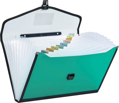 Leagl Size 13-Pockets Expanding File Folder with Handle, Plastic Accordion Filling File Folder Expandable Monthly Portable Paper Document Organizer for Office School & Home (Green)