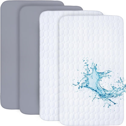 Pack and Play Sheets and Waterproof Pack n Play Mattress Protector Pad Cover 4 Pack Set, Ultra Soft Pack n Play Mattresses Sheets Compatible with Graco Pack n Play, Grey&Navy