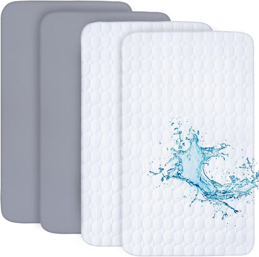 Pack and Play Sheets and Waterproof Pack n Play Mattress Protector Pad Cover 4 Pack Set, Ultra Soft Pack n Play Mattresses Sheets Compatible with Graco Pack n Play, Grey&Navy