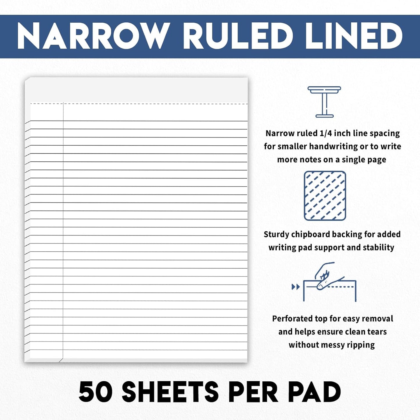Legal Notepads 8.5 x 11, Perforated Wide Ruled Writing Pad, White Note Pads 8.5 x 11 In Notepads White Lined Paper 50 Sheets Per Writing Pad, Made in the USA ((1 Pack))