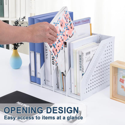 FRETONBA Collapsible Magazine File Holder with 2 Vertical Compartments Foldable Binder Holder for Desk Binder Storage Organizer Plastic Magazine Holders for Shelf, Light Gray