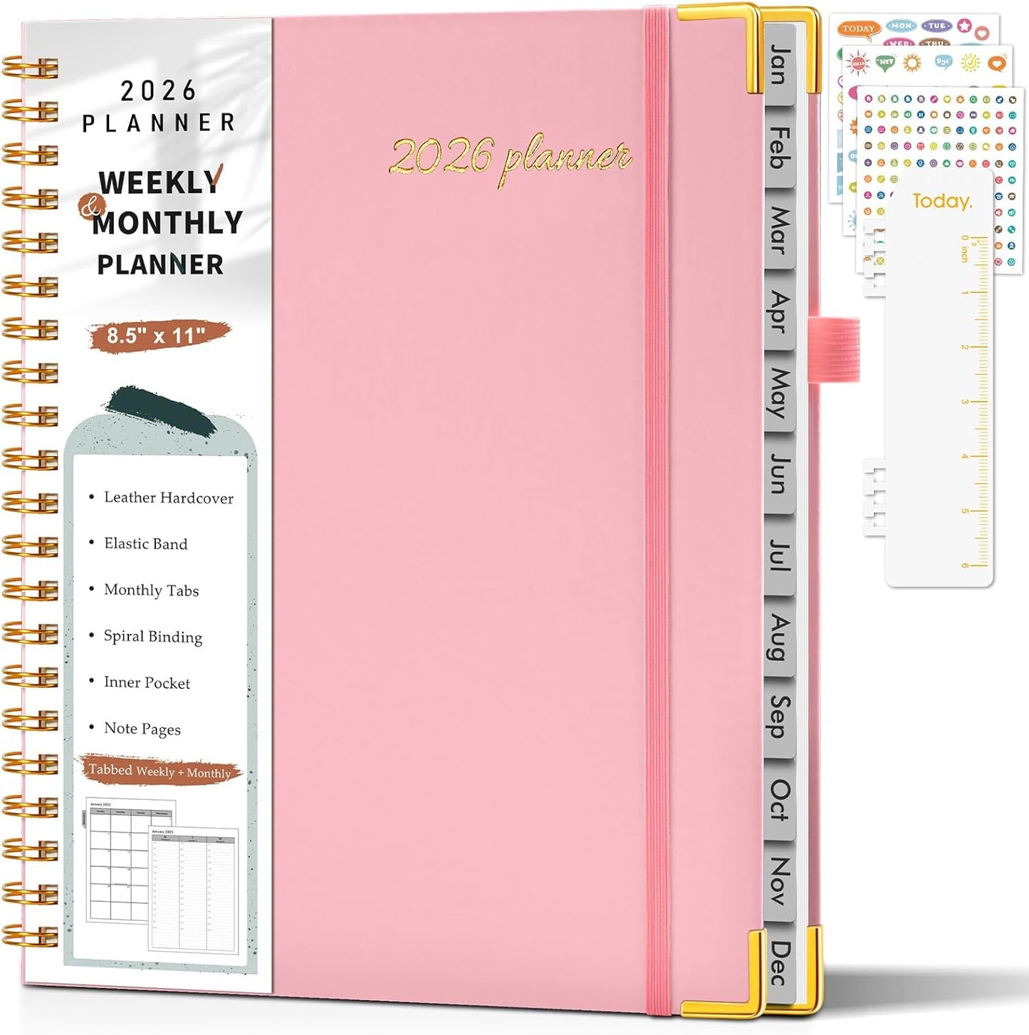 2026 Planner, Weekly and Monthly Calendar Planner from January 2026 - December 2026, 8.5" x 11" Hardcover Leather Hourly Appointment Book with Tabs, Spiral Daily Planners for School Work Home, Green