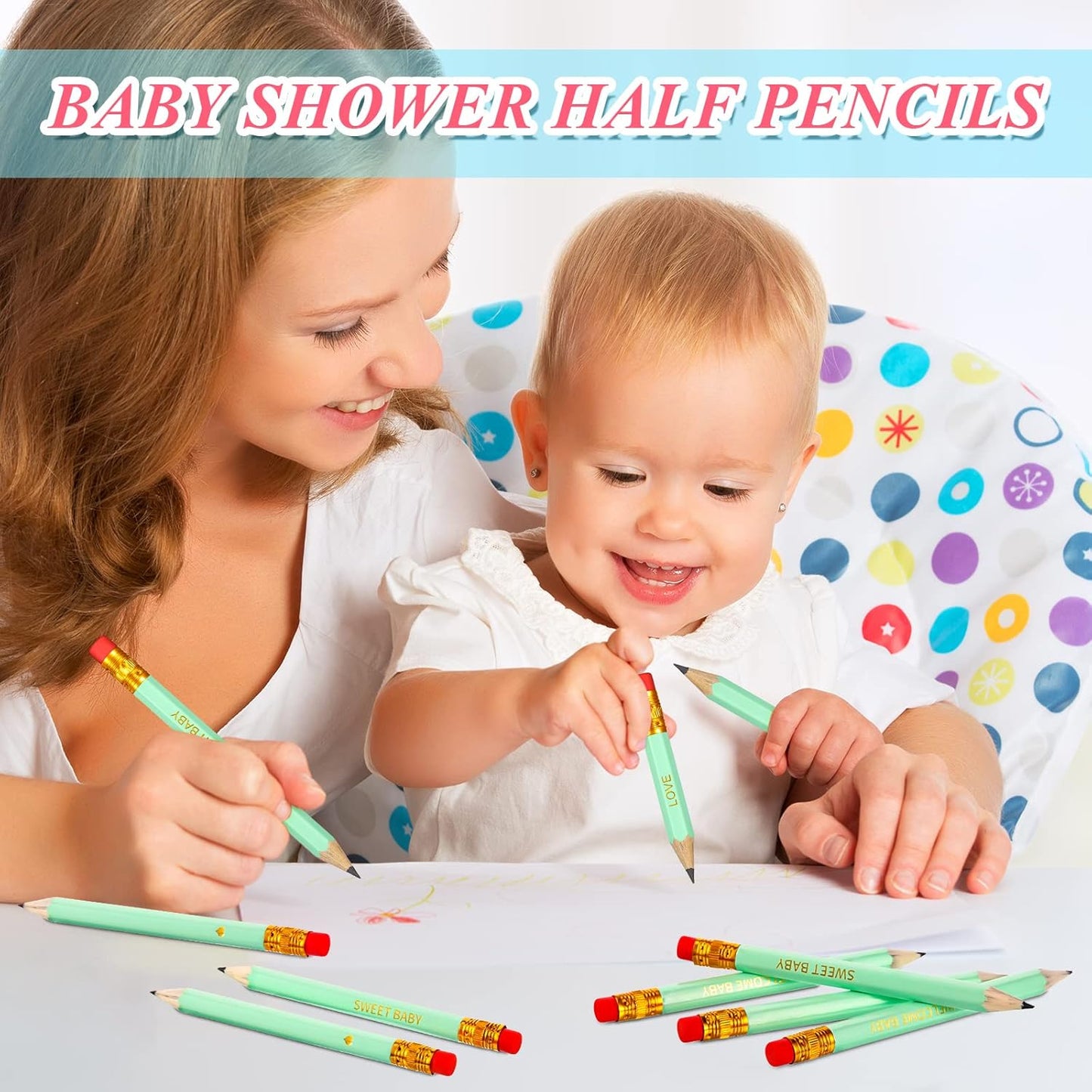 Crtiin 50 Pieces Baby Shower Pencils for Activities Mini Golf Half Pencils, Presharpened with Erasers, 4 Inch(Wood Color,Simple Style)
