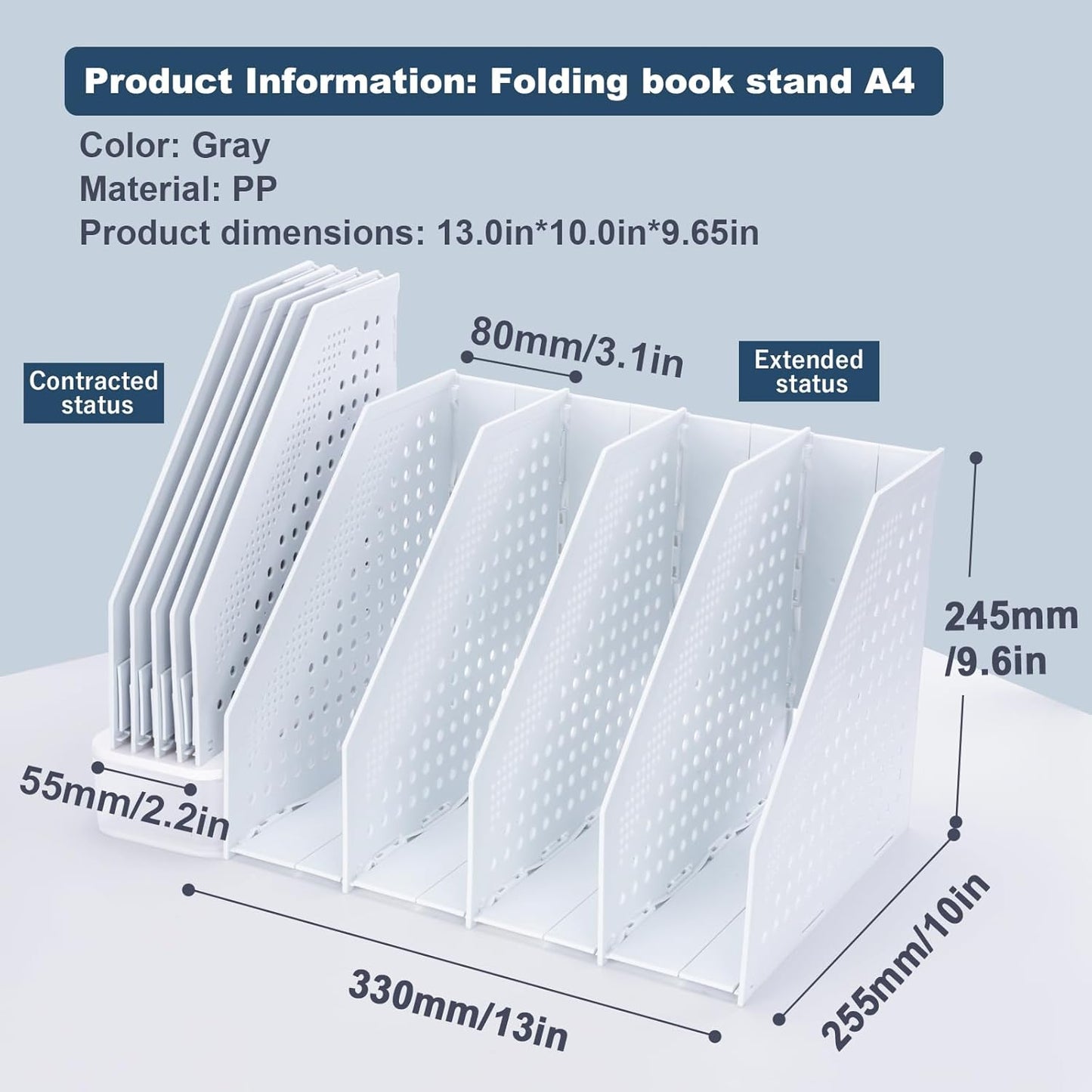FRETONBA Collapsible Magazine File Holder with 2 Vertical Compartments Foldable Binder Holder for Desk Binder Storage Organizer Plastic Magazine Holders for Shelf, Light Gray
