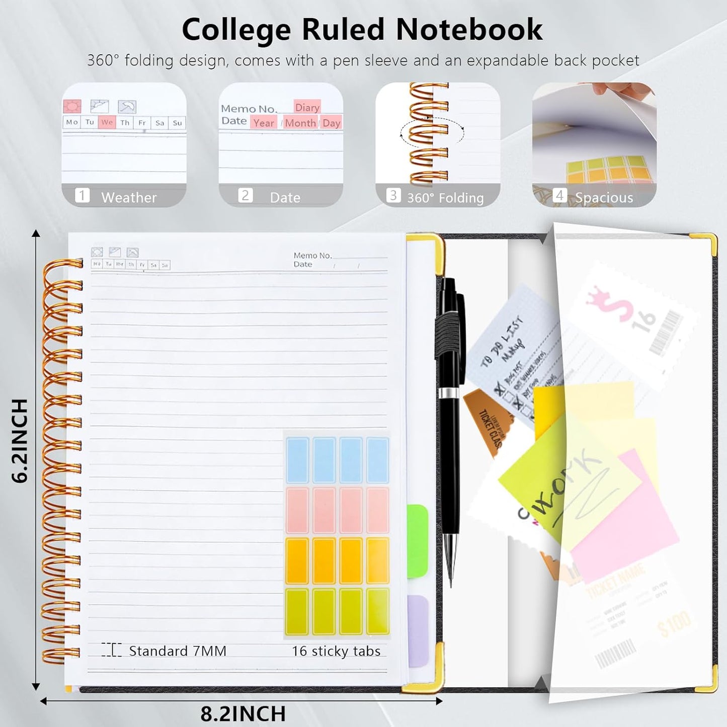 Hardcover Spiral Notebook College Ruled, 8"x10" Leather Journal Notebook with Magnetic Closure, 300 Pages 5 Subject Notebook with Dividers Tabs Journal for Women Men, Work, School(Rose Red)