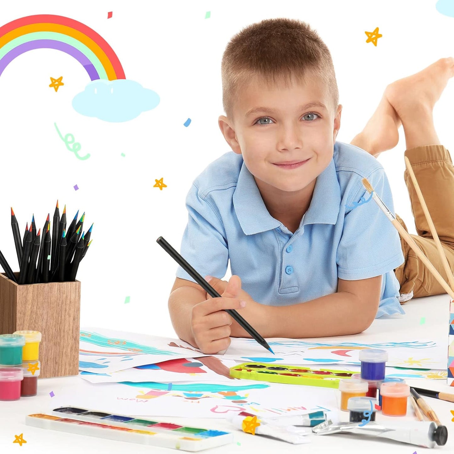 Teling 100 Pcs Rainbow Pencils for Kids, 7 in 1 Black Wooden Rainbow Multicolor Pencils Bulk School Classroom Art Supplies for Kids Adults Coloring Sketching Drawing