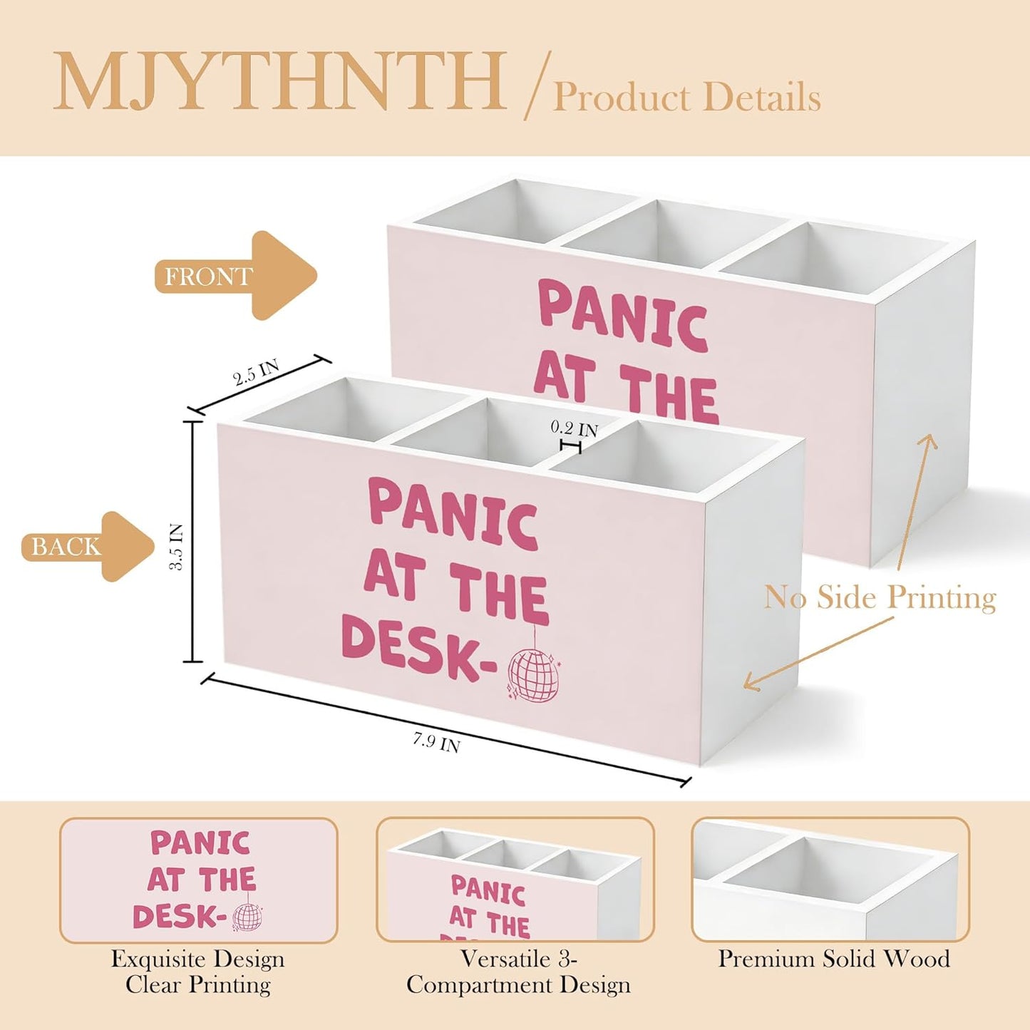Don't Overthink It Inspirational Pencil Pen Holder for Desk, Pink Positive Affirmations Wooden Box Sign Pen Holder Organizer for Home Office School Desk Accessories
