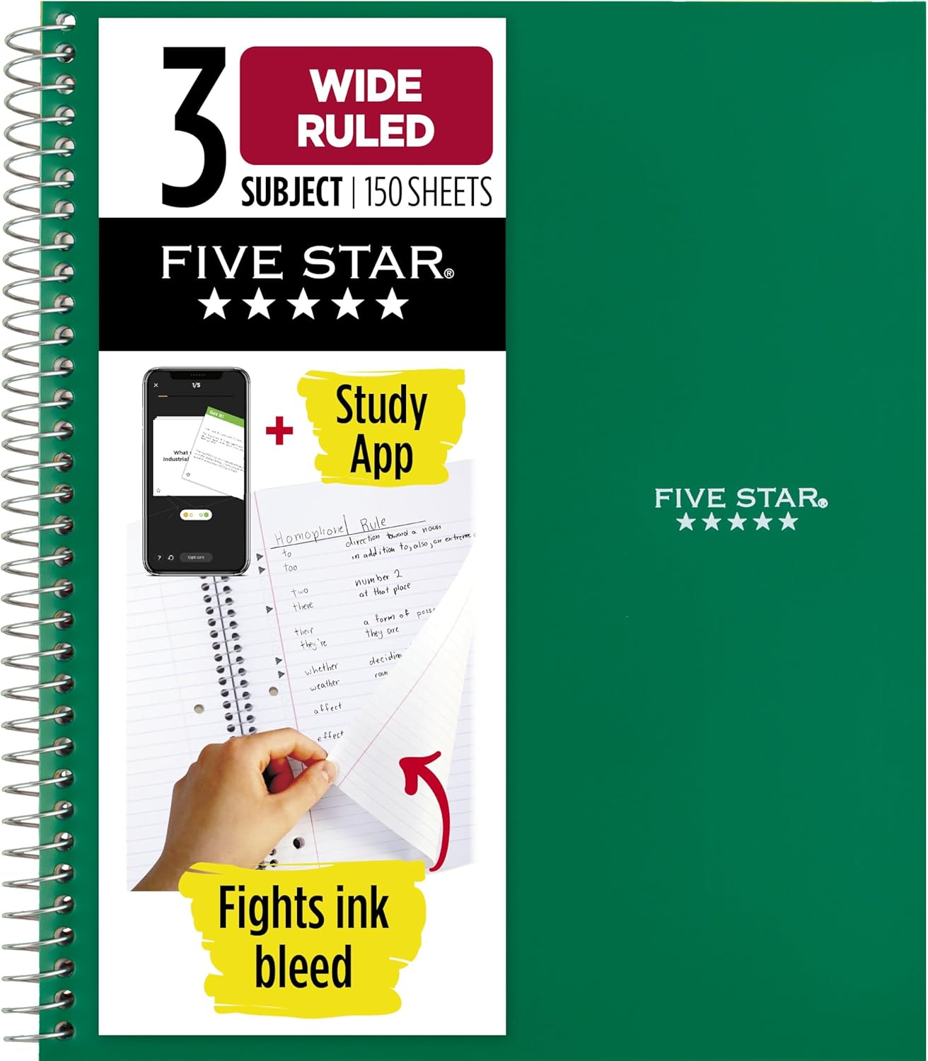 Five Star Spiral Notebook + Study App, 3 Subject, Wide Ruled Paper, 8" x 10-1/2", 150 Sheets, Fights Ink Bleed, Water Resistant Cover, Harvest Yellow (73463)