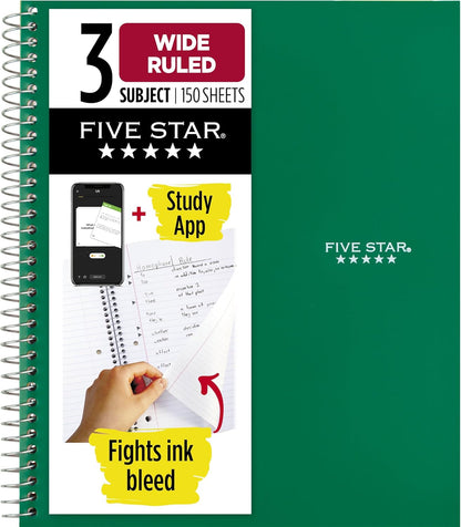 Five Star Spiral Notebook + Study App, 3 Subject, Wide Ruled Paper, 8" x 10-1/2", 150 Sheets, Fights Ink Bleed, Water Resistant Cover, Harvest Yellow (73463)