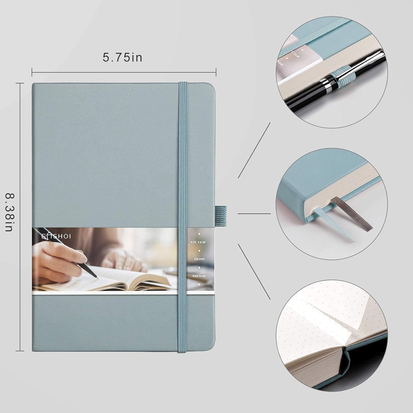 EMSHOI Graph Paper Notebook - 256 Pages A5 Graph Notebook/Journal, Hard Cover, 120gsm Thick Paper, Smooth PU Leather, Inner Pocket, 5.75'' × 8.38''-Black