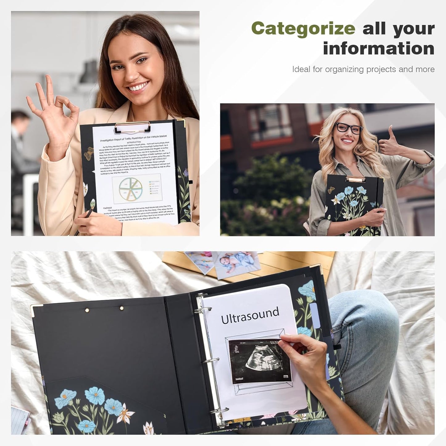 Ospelelf Binder 3 Ring 1 Inch, Floral Round Ring Clipboard Binder for Letter Size with 5 Tab Dividers, File Folder Labels, for School and Office Supplies