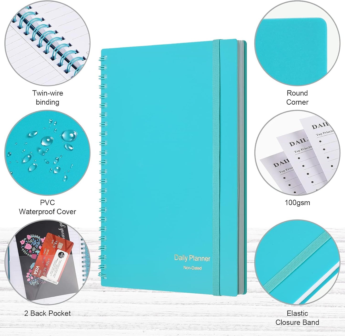 Daily Planner Undated, Asten To Do List Notebook Hourly Schedules Spiral Appointment Planner for Men and Women,PVC Hardcover,Elastic Closure, Inner Pocket 8.3" x 5.8" (Black)