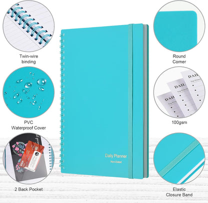 Daily Planner Undated, Asten To Do List Notebook Hourly Schedules Spiral Appointment Planner for Men and Women,PVC Hardcover,Elastic Closure, Inner Pocket 8.3" x 5.8" (Black)