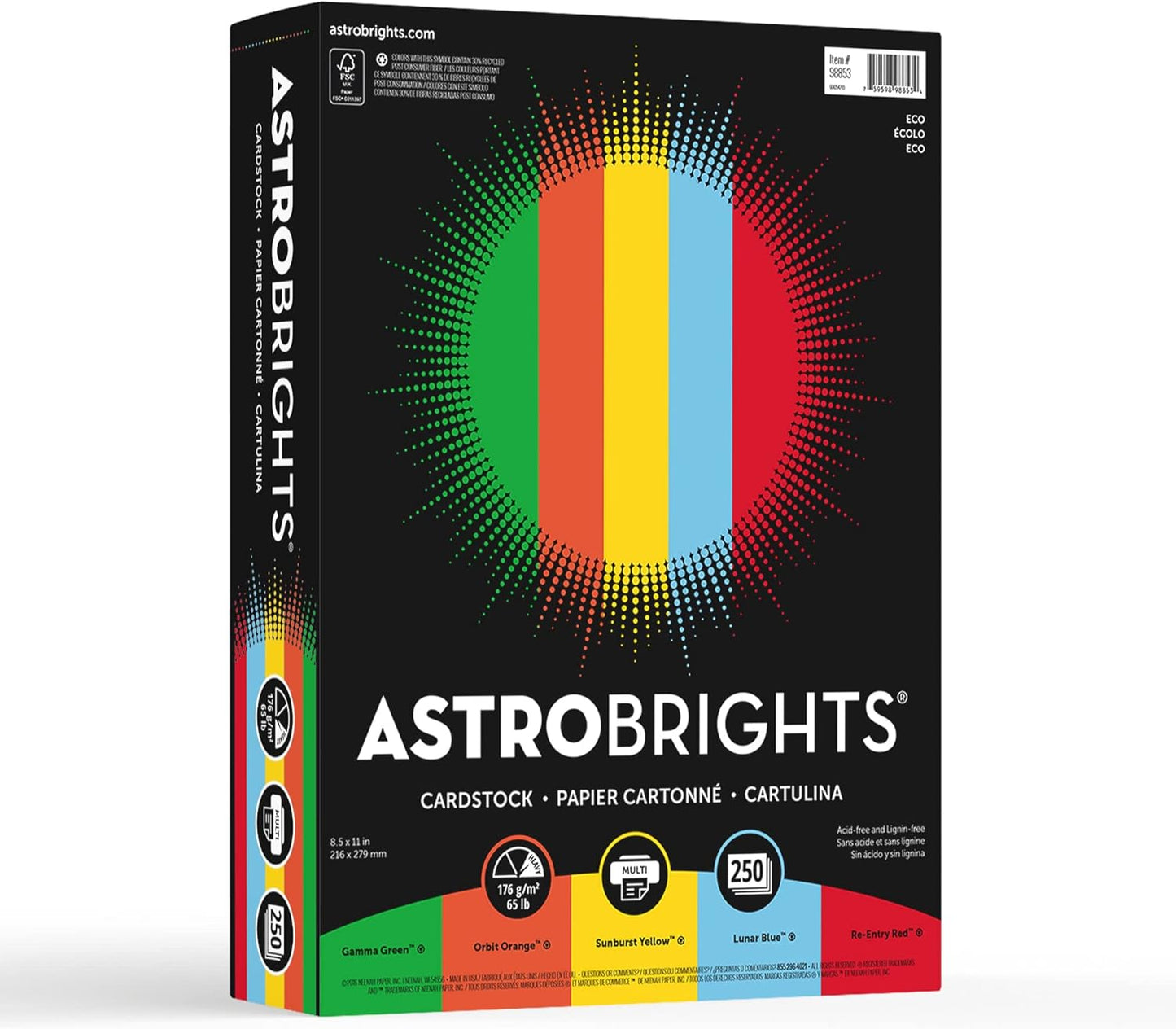 Astrobrights® Color Card Stock, Happy Assortment, Letter (8.5" x 11"), 65 Lb, Pack Of 250