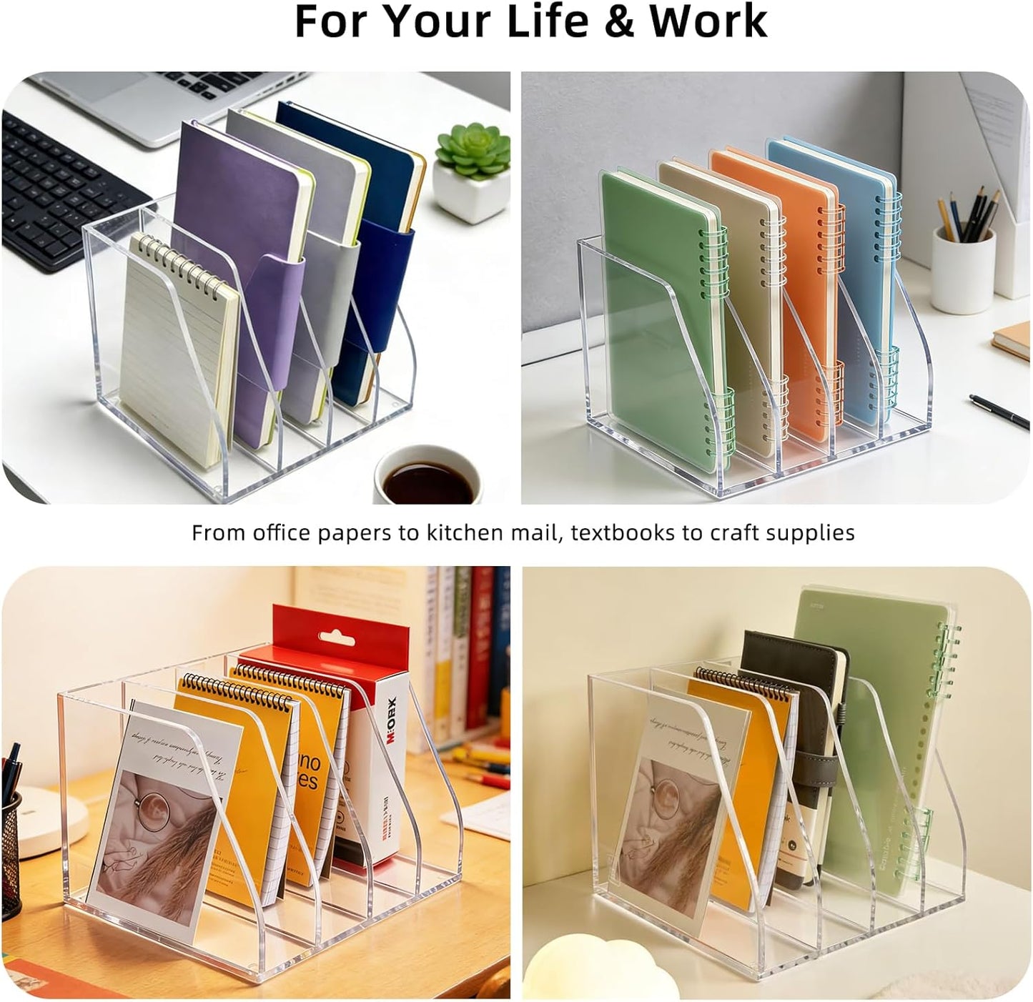 Acrylic Magazine File Holder, 4 Vertical Compartments Desk Document Sorter Organizer, Clear Folder Rack Binder for Office, Tablets, Magazines, Books – Home/Classroom Rack, 5mm Thick