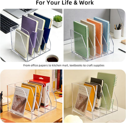 Acrylic Magazine File Holder, 4 Vertical Compartments Desk Document Sorter Organizer, Clear Folder Rack Binder for Office, Tablets, Magazines, Books – Home/Classroom Rack, 5mm Thick